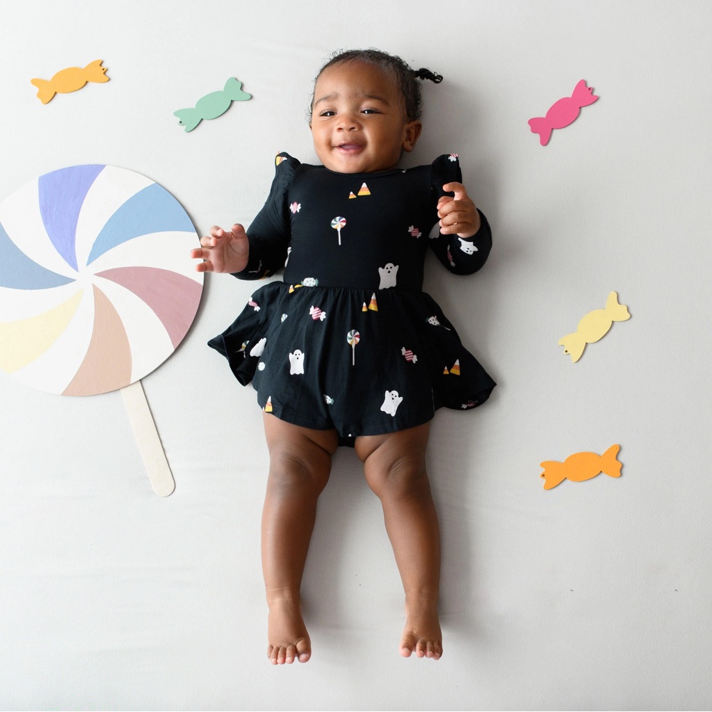 Kyte Baby Long Sleeve Twirl Bodysuit Dress In Trick Or Treat 12-18 Months